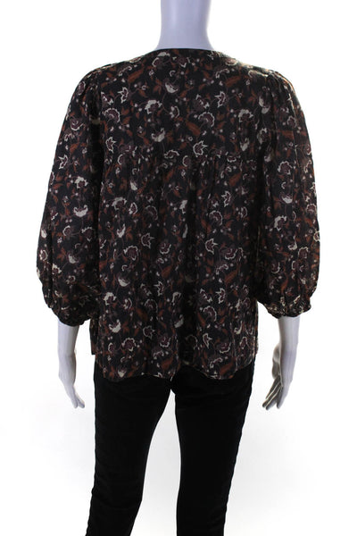 Able Womens 3/4 Sleeve V Neck Floral Boxy Shirt Black Brown Size Small