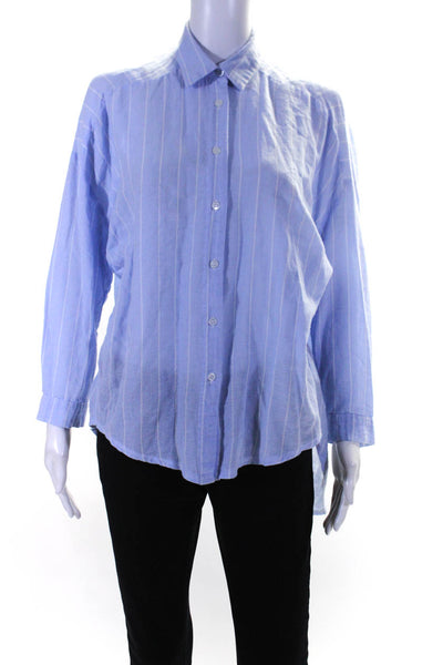 Buru Womens Button Front Long Sleeve Striped High Low Shirt Blue White Small