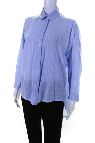 Buru Womens Button Front Long Sleeve Striped High Low Shirt Blue White Small