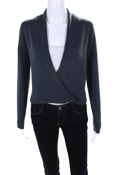 Peserico Womens Dark Blue Wool V-Neck Long Sleeve Cropped Sweater Top Size 42