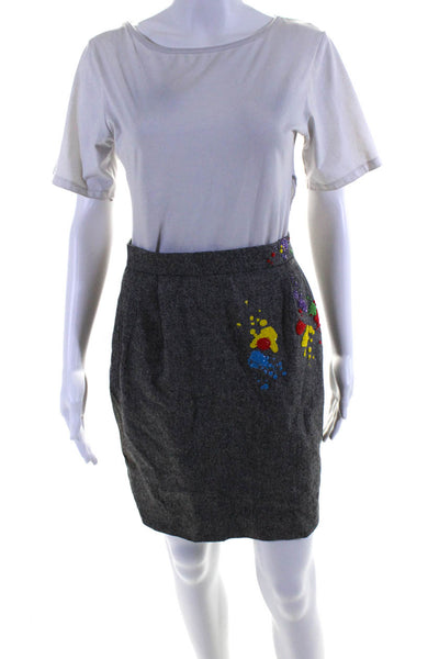 Olympia Le-Tan Womens Gray Multicolor Beaded Zip Back Mini Pencil Skirt Size 38