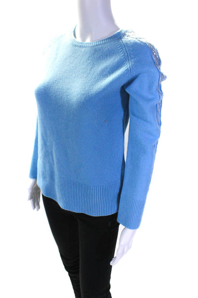 Rocco Ragni Womens Jeweled Cable Knit Crew Neck Sweater Blue Wool Size Small