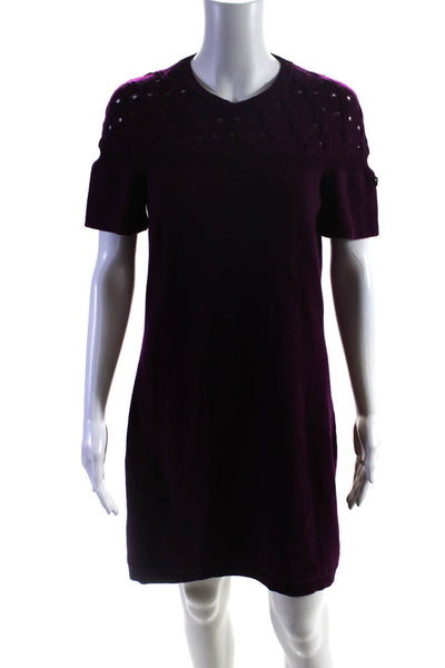 Chanel Womens Woven Textured Short Sleeve Midi Shift Sweater Dress Purple Size M