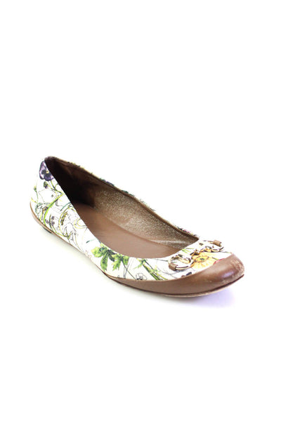 Gucci Womens Floral Print Horsebit Buckled Slip-On Flats White Size EUR37.5