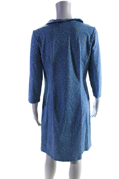 JMCL Women's V-Neck 3/4 Sleeves Spotted Dot Shift Midi Dress Blue Size M