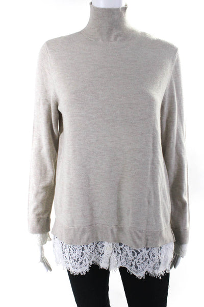 Joie Womens Lace Trim Turtleneck Sweater Beige Wool Blend Size Medium