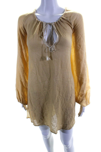 Donale Pour Scoop Womens Yellow Cotton V-Neck Neck Long Sleeve Shirt Dress SizeM