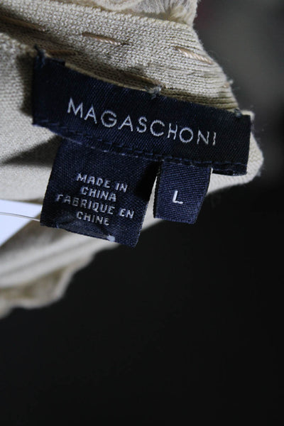 Magaschoni Women's V-Neck Rhinestone Ruffle Sleeveless Blouse Beige Size L
