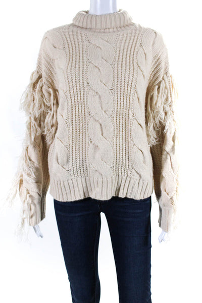 TOBI Womens Pullover Cable Knit Fringe Turtleneck Sweater White Size Small