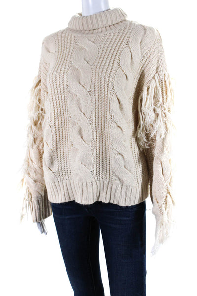 TOBI Womens Pullover Cable Knit Fringe Turtleneck Sweater White Size Small