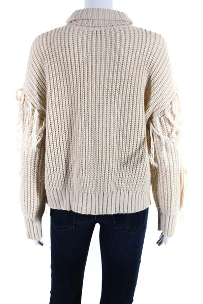 TOBI Womens Pullover Cable Knit Fringe Turtleneck Sweater White Size Small