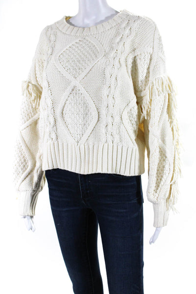 Line And Dot Womens Crew Neck Chunky Knit Fringe Sweater White Cotton Size XS