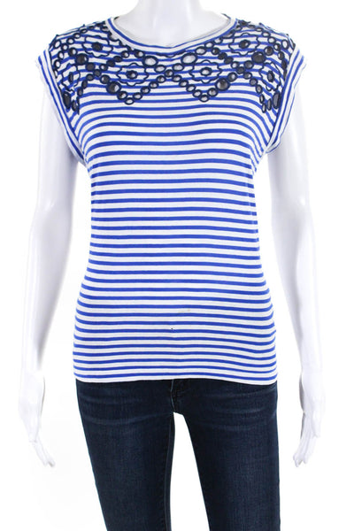 Sandro Paris Womens Cotton Striped Print Sleeveless Shirt Top Blue White Size 1