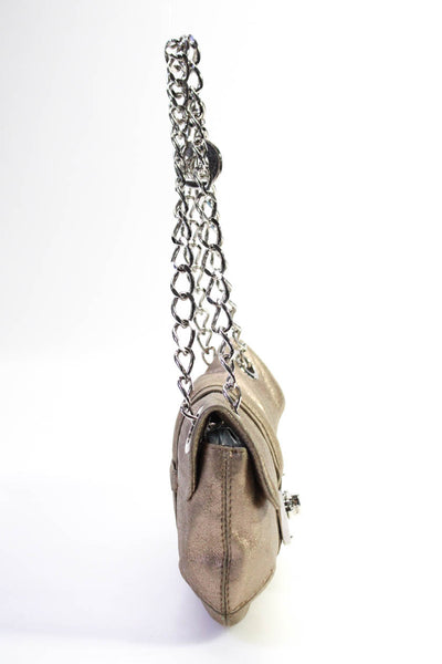 Lanvin Metallic Leather Turn Lock Chain Link Small Top Handle Handbag Silver