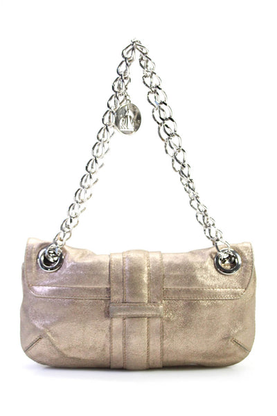 Lanvin Metallic Leather Turn Lock Chain Link Small Top Handle Handbag Silver