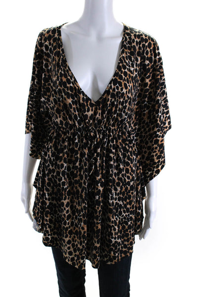 Hermanny by Vix Womens Animal Print V-Neck Drawstring Kaftan Blouse Brown Size M