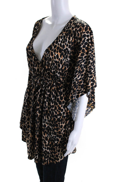 Hermanny by Vix Womens Animal Print V-Neck Drawstring Kaftan Blouse Brown Size M