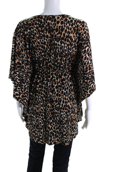 Hermanny by Vix Womens Animal Print V-Neck Drawstring Kaftan Blouse Brown Size M