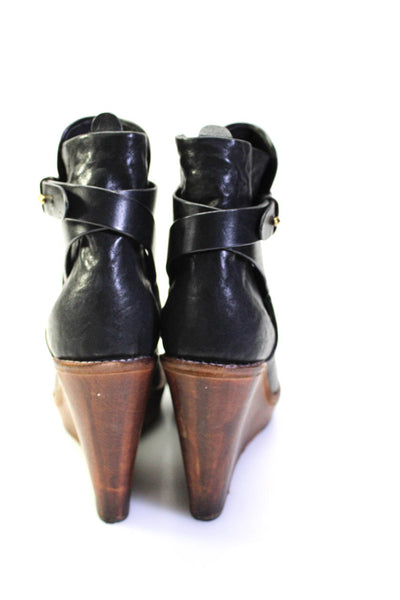 Rag & Bone Women's Leather Buckle Wood Wedge Ankle Booties Black Size 8.5