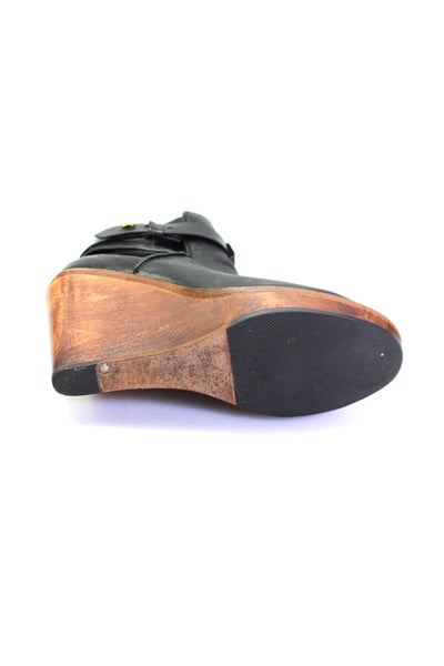 Rag & Bone Women's Leather Buckle Wood Wedge Ankle Booties Black Size 8.5