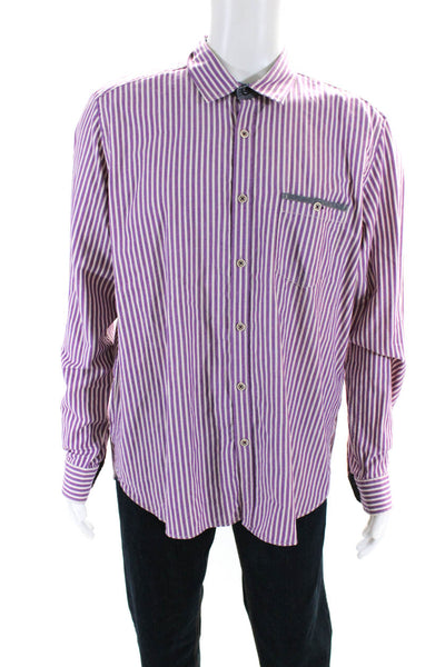 Ted Baker London Mens Cotton Striped Print Button Up Shirt Purple White Size 6