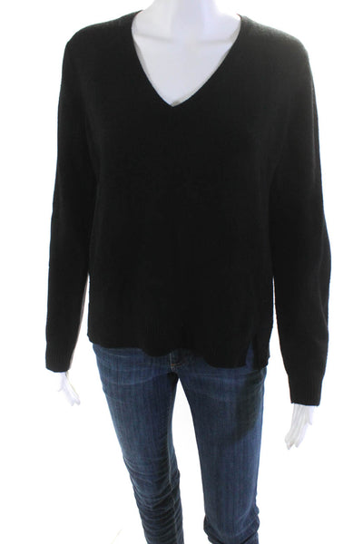 J Crew Womens Wool Knit Leather Long Sleeve V-Neck Sweater Top Black Size S