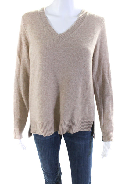 J Crew Womens Wool Cashmere Split Hem Long Sleeve V-Neck Sweater Brown Size M