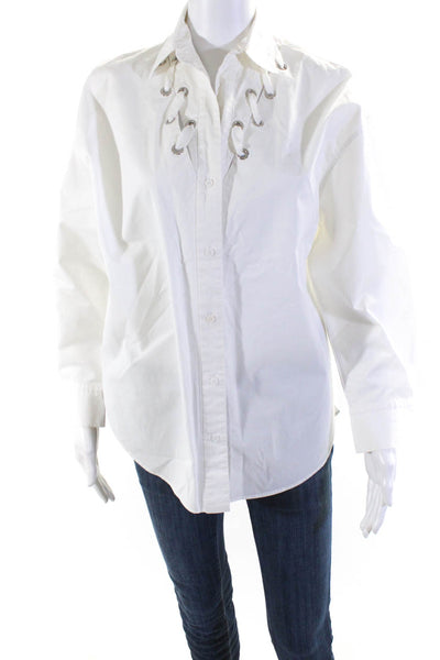 Sandro Women's Cotton Lace Up Long Sleeve Button Down Blouse White Size 3