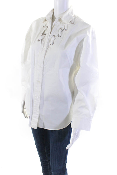 Sandro Women's Cotton Lace Up Long Sleeve Button Down Blouse White Size 3
