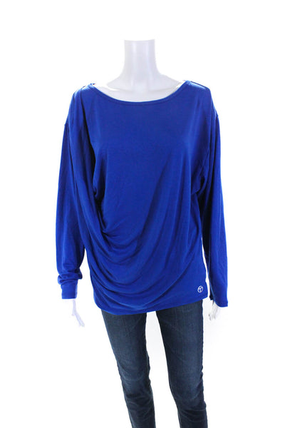 Trina Turk Womens Round Neck Draped Long Sleeve Pullover Blouse Blue Size L