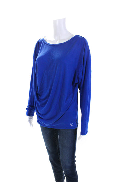 Trina Turk Womens Round Neck Draped Long Sleeve Pullover Blouse Blue Size L