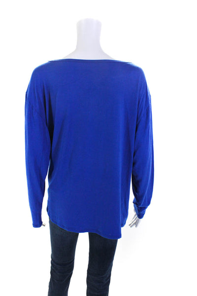 Trina Turk Womens Round Neck Draped Long Sleeve Pullover Blouse Blue Size L