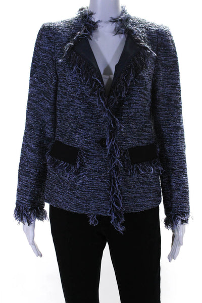 Isabella Wren Womens Metallic Tweed Fringe Blazer Jacket Black Periwinkle XS