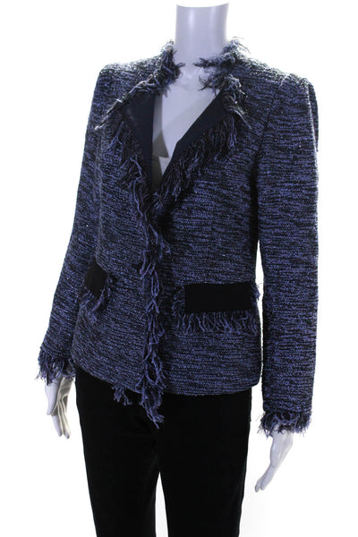 Isabella Wren Womens Metallic Tweed Fringe Blazer Jacket Black Periwinkle XS