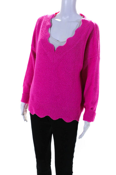 Ee Some Womens Pullover Scalloped V Neck Sweater Pink Size S/M