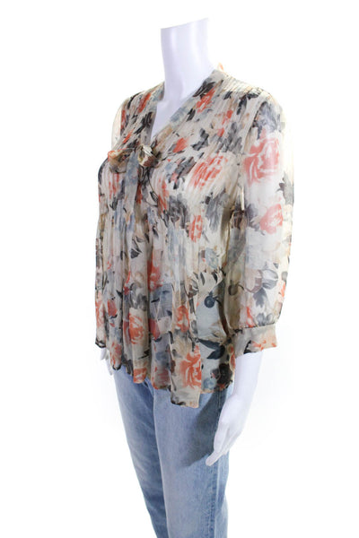 Joie Womens Floral Chiffon Pleated V-Neck 1/2 Button Blouse Top Beige Size M