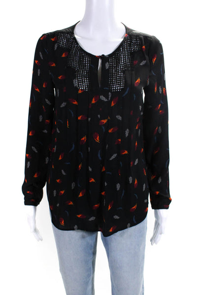 Meadow Rue Womens Feather Print Lace Keyhole Top Blouse Black Pink Orange XS
