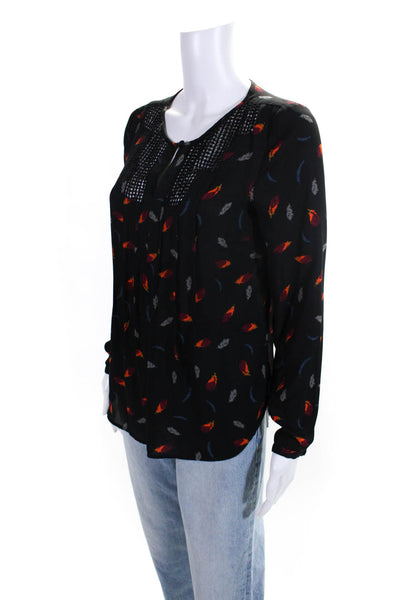 Meadow Rue Womens Feather Print Lace Keyhole Top Blouse Black Pink Orange XS