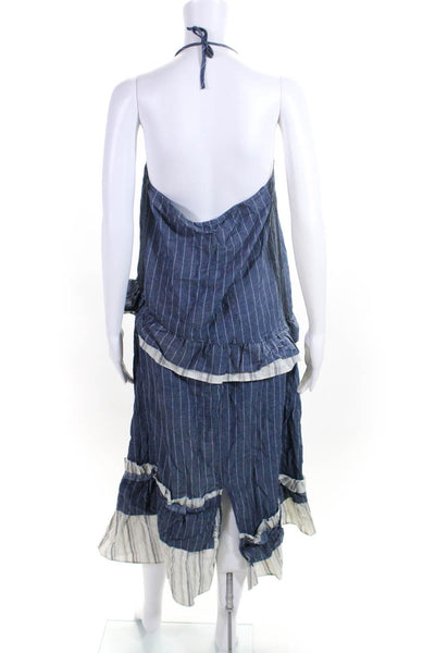 Lem Lem Womens Striped Tiered V Neck Midi Dress Blue Ivory Size Small