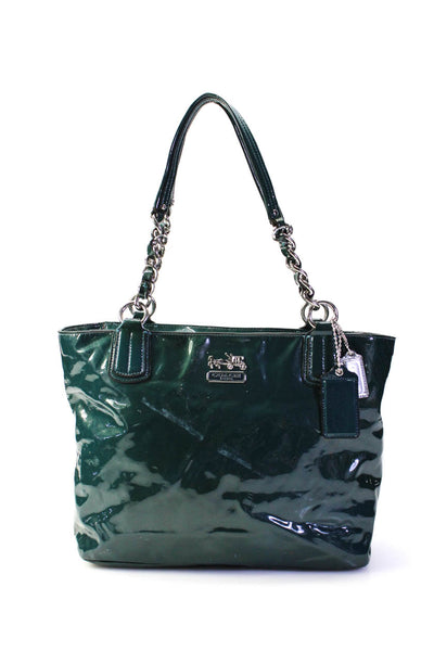 Coach Womens Patent Leather Chain Strap Shoulder Bag Green Medium Handbag