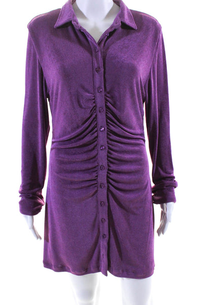 With Jean Womens Button Front Collared Ruched Knit Dress Purple Size Large