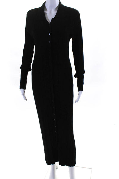 Charles Henry Womens Button Front Long Sleeve Collared Ribbed Dress Black Large