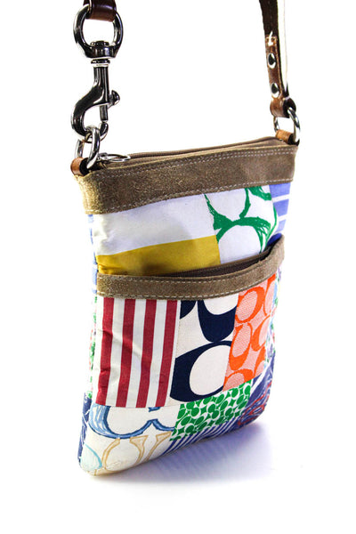 Coach Womens Multicolor Patch Print Suede Zip Crossbody Bag Handbag