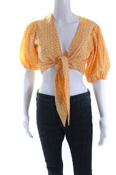 Lisa Marie Fernandez Womens Eyelet Cropped Wrap Blouse Orange Cotton Size 1