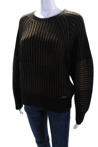 DKNY Women's Round Neck 3/4 Sleeves Pullover Stripe Sweater Brown Size M