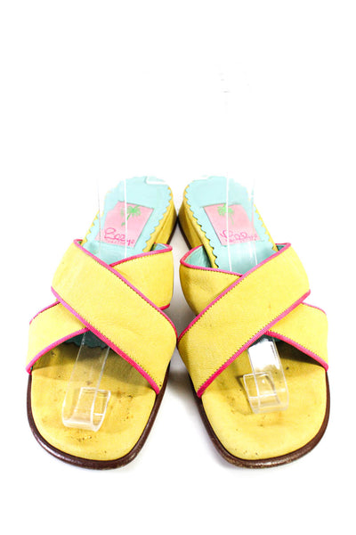 Lilly Pulitzer Womens Slip On Cross Strap Slide Sandals Yellow Pink Leather 6M