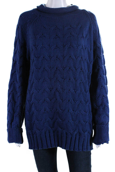 Buru Womens Pullover Cable Knit Boxy Turtleneck Sweater Blue Size S/M