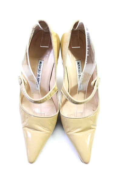 Manolo Blahnik Womens Patent Leather Pointed Toe Mary Jane Pumps Beige Size 37 7