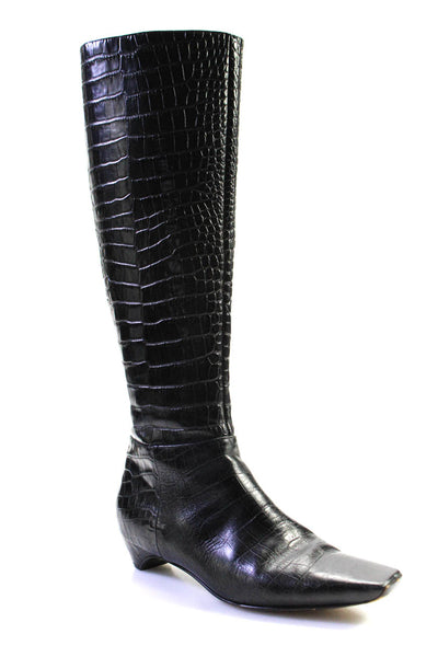 Dior Womens Embossed Leather Knee High Zip Up Boots Black Size 37 7