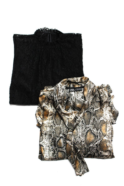 Zara Womens Brown Snake Skin Print Ruffle Long Sleeve Blouse Size XS lot 2